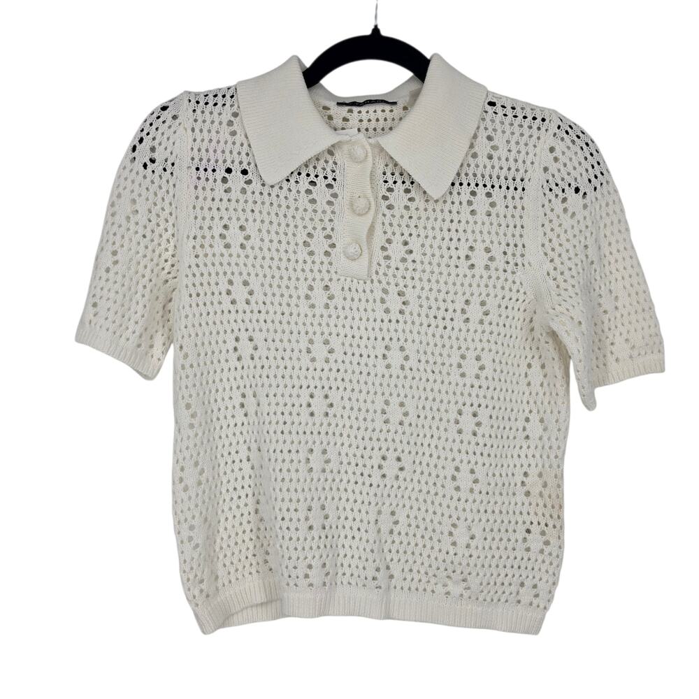 NWOT T Tahari Honest Ivory Cotton Floral Crochet Short Sleeve Polo Top Size S
